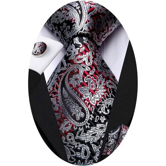 Silk Paisley Ties for Men Black Red - Picture 1 of 6